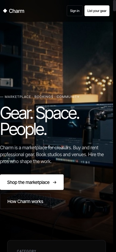 Charm — creative marketplace, mobile view