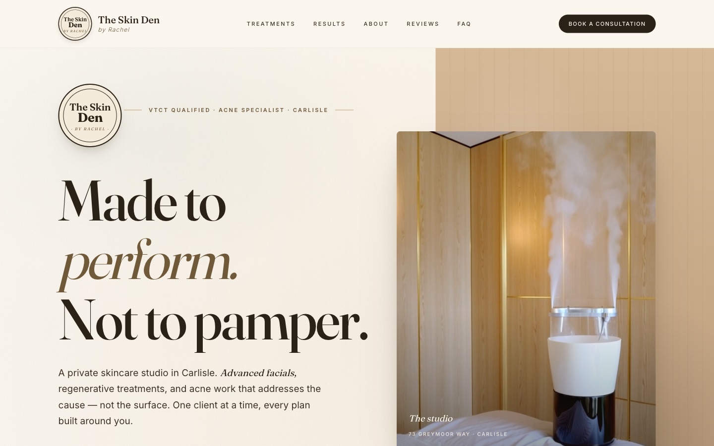 The Skin Den — advanced skincare studio website, Carlisle